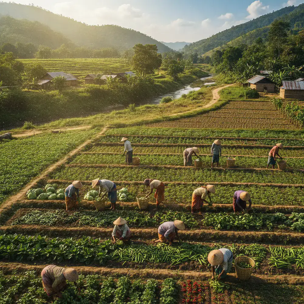 Local farm workers harvesting fresh vegetables in rural Bangladesh