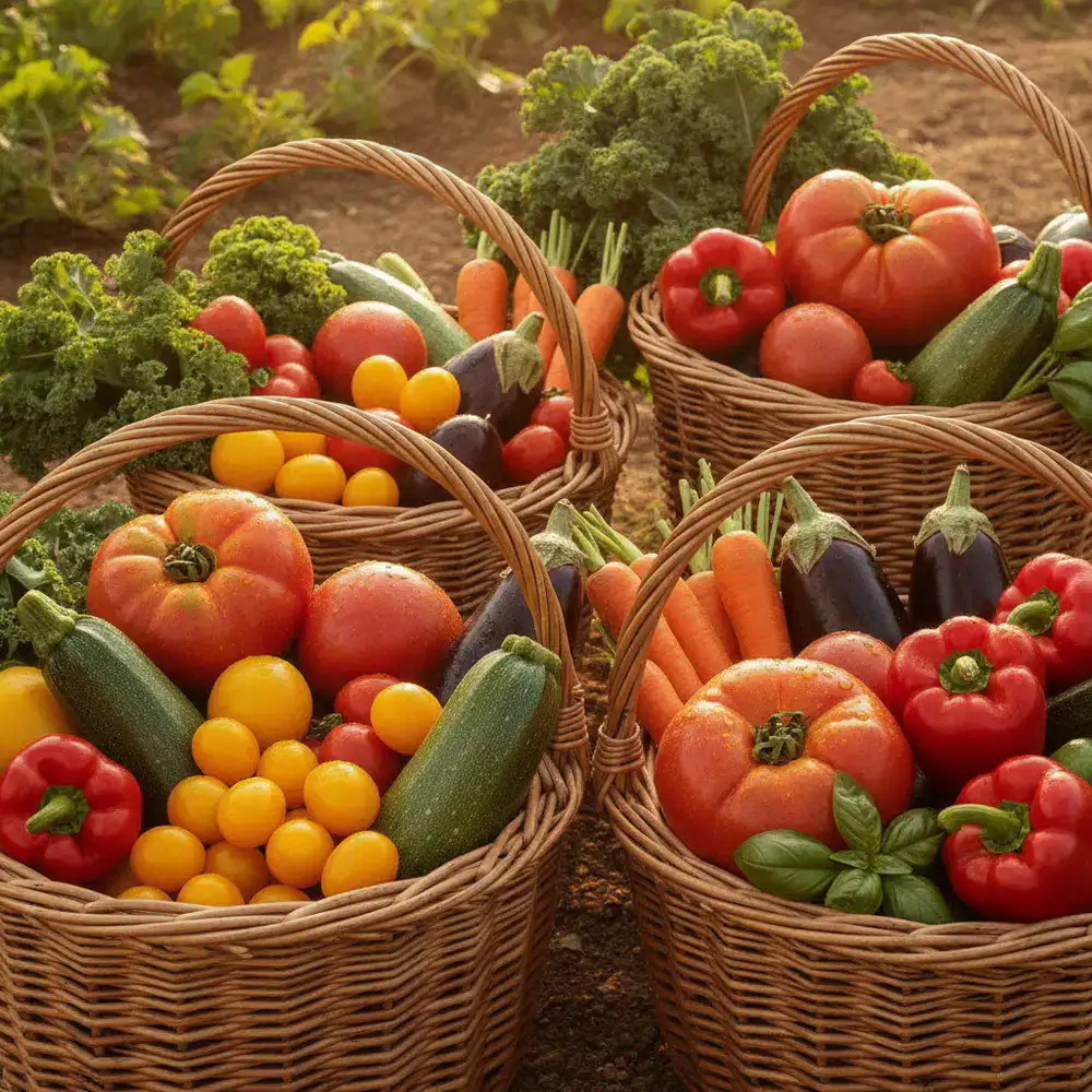 Woven baskets overflowing with colorful tomatoes and vegetables