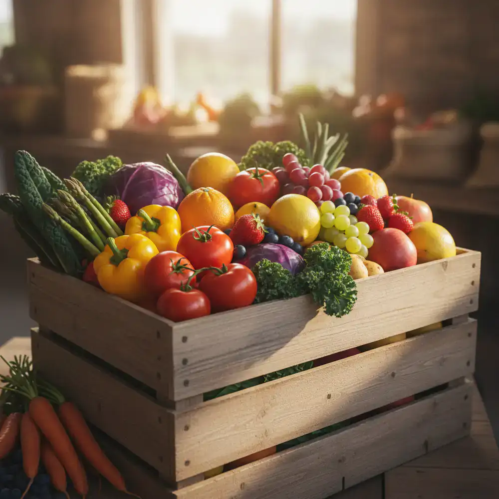 A large wooden box filled with assorted fresh vegetables and fruits