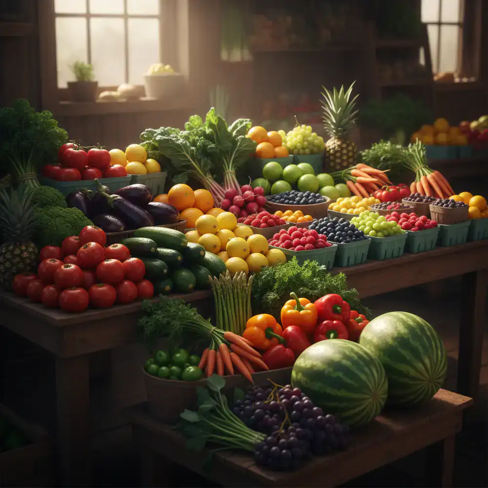 Abundant display of fresh vegetables and fruits