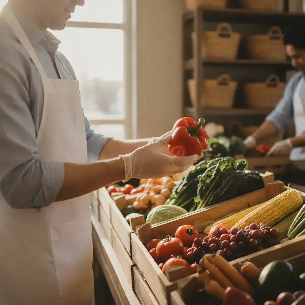 Team member inspecting fresh produce