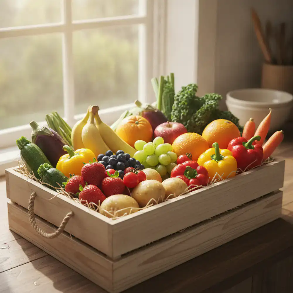 A curated box filled with mixed vegetables and fruits