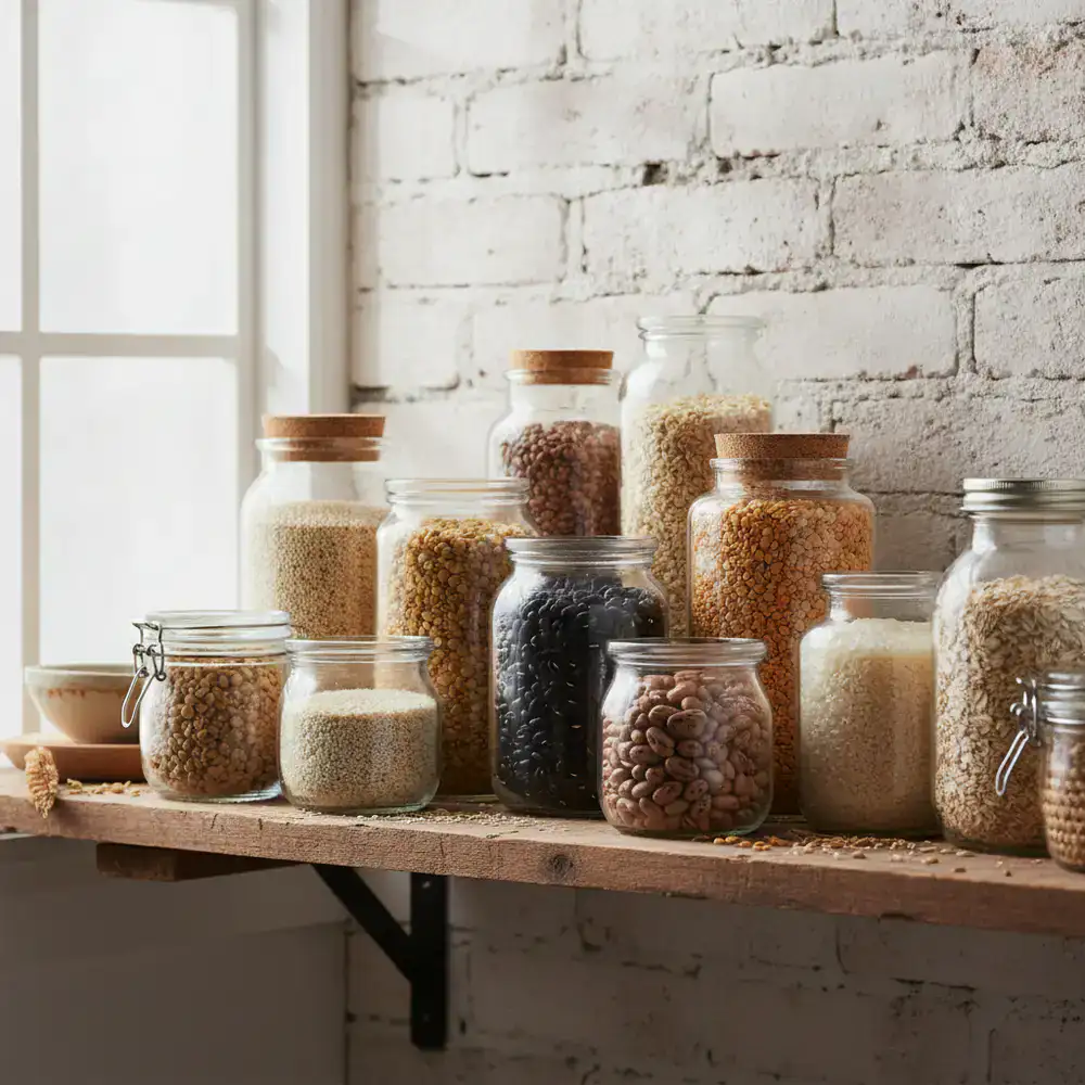 Organic grains and pulses in glass jars