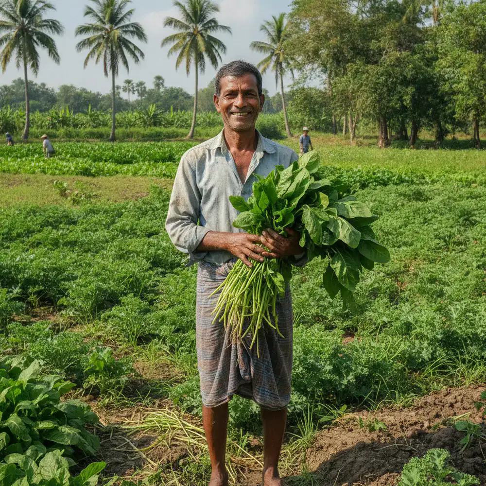 Bangladeshi farmer proudly holding fresh leafy greens