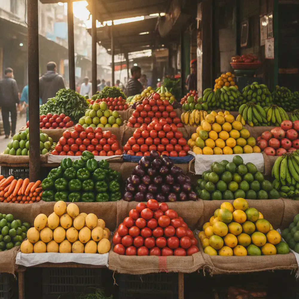 Vibrant display of fresh vegetables and fruits in Dhaka market