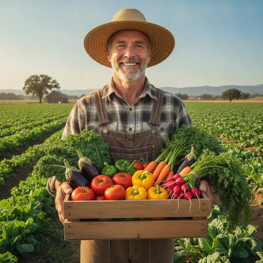 Farmer holding a crate of fresh organic vegetables in a sunlit field